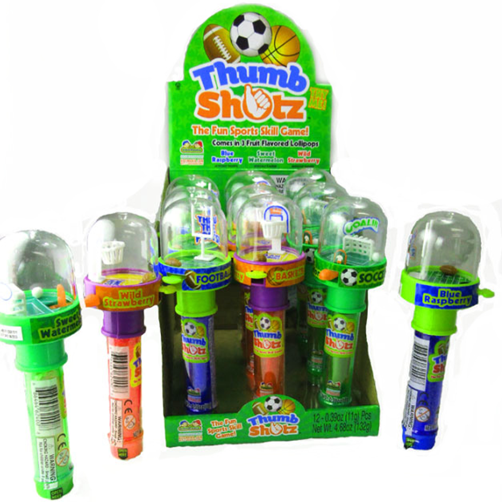 Thumb Shots Candy sports lollipop dispensers, "Soccer" and "Football" labels, Wild Strawberry and Blue Raspberry flavors. Sizes: assorted.