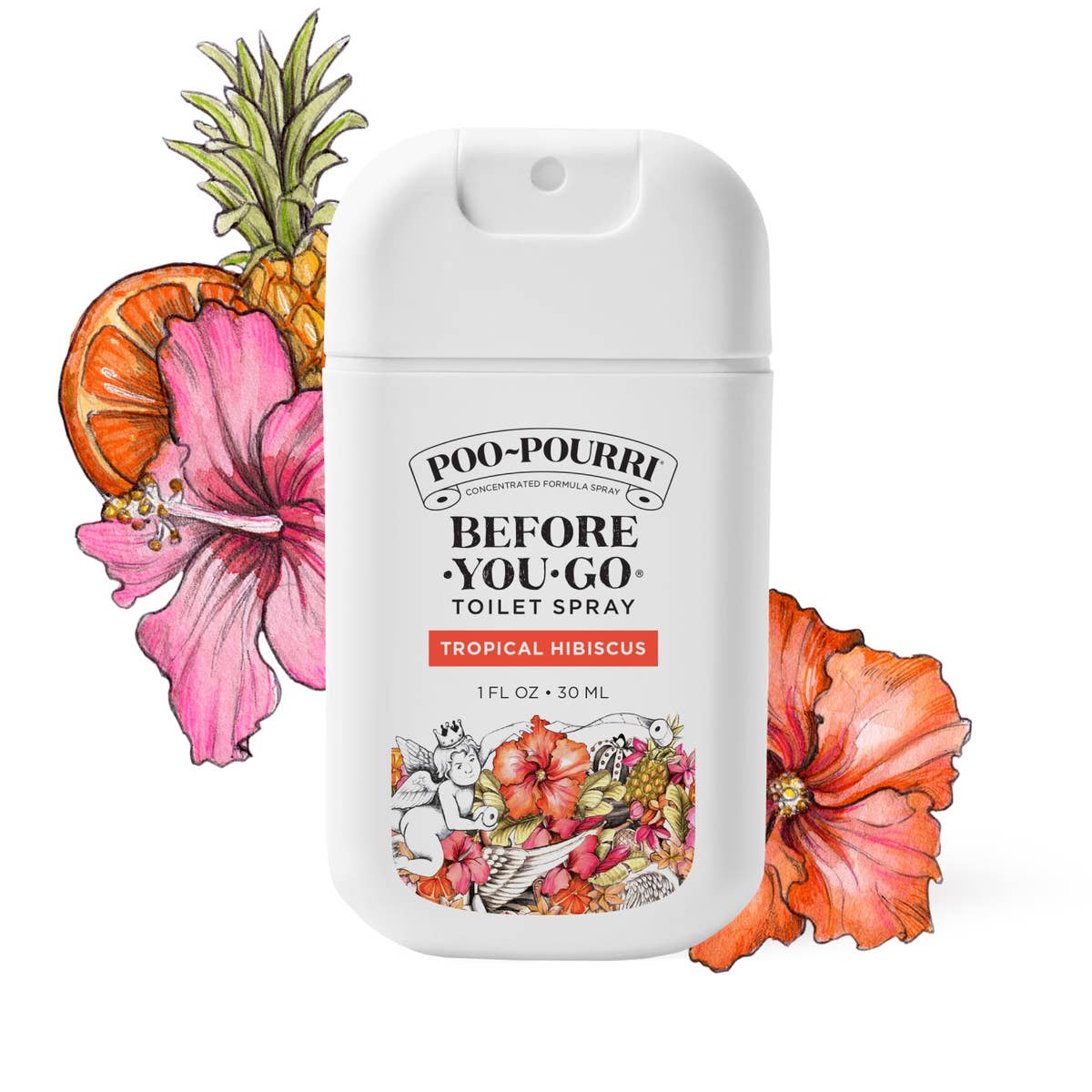 Poo~Pourri 1oz Pocket Sprayer with Pouch, Tropical Hibiscus scent, floral design. Available in 1oz size only.