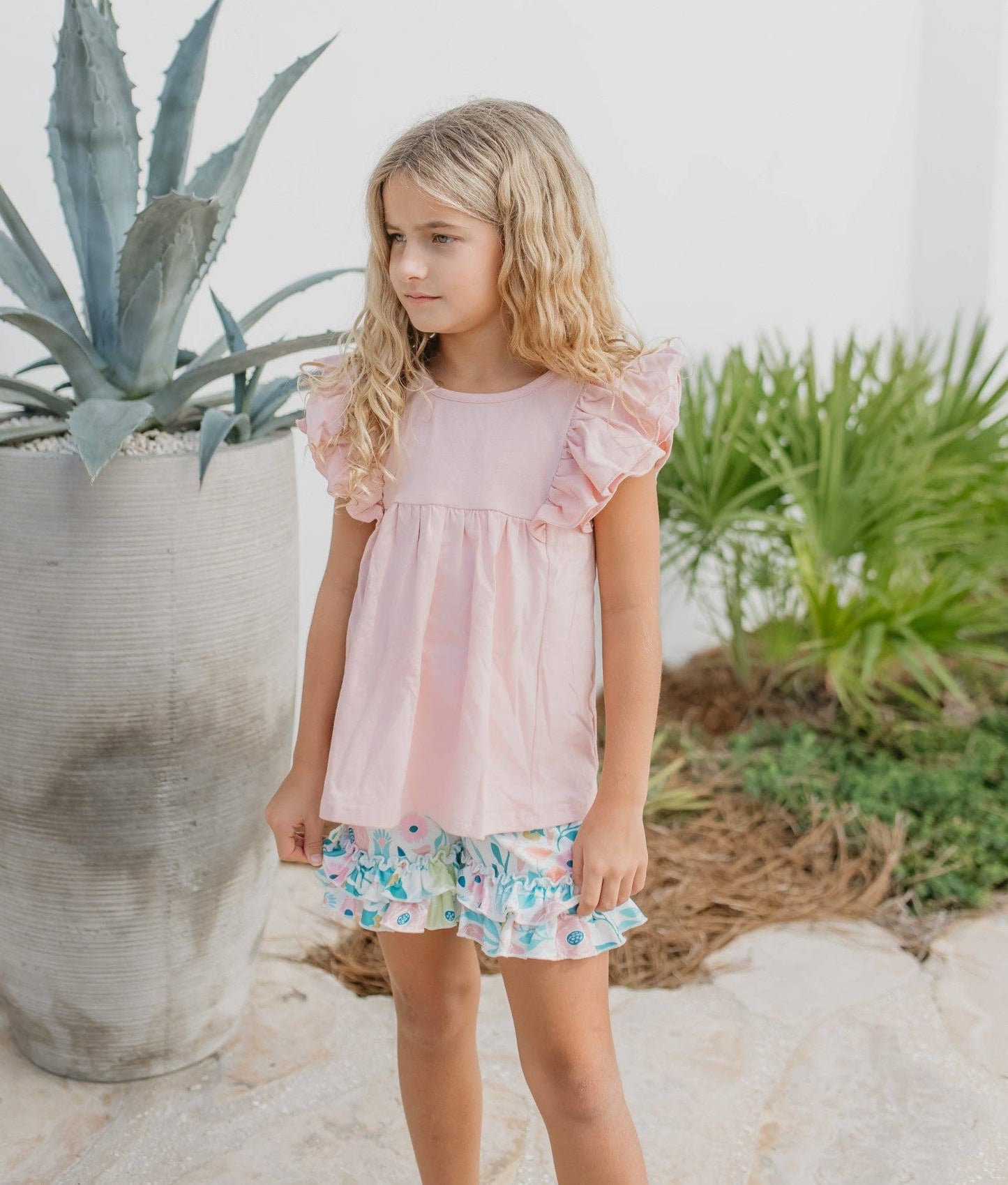 Girls Pastel Floral Ruffle Short Set, pastel floral print with ruffles; available in sizes 2T-10.