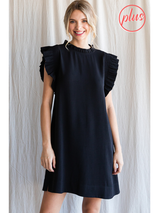 The product is a Black Ruffle Sleeve Dress - Plus. This is designed with a ruffled sleeve detail. Sizes available go from XL to 4XL.