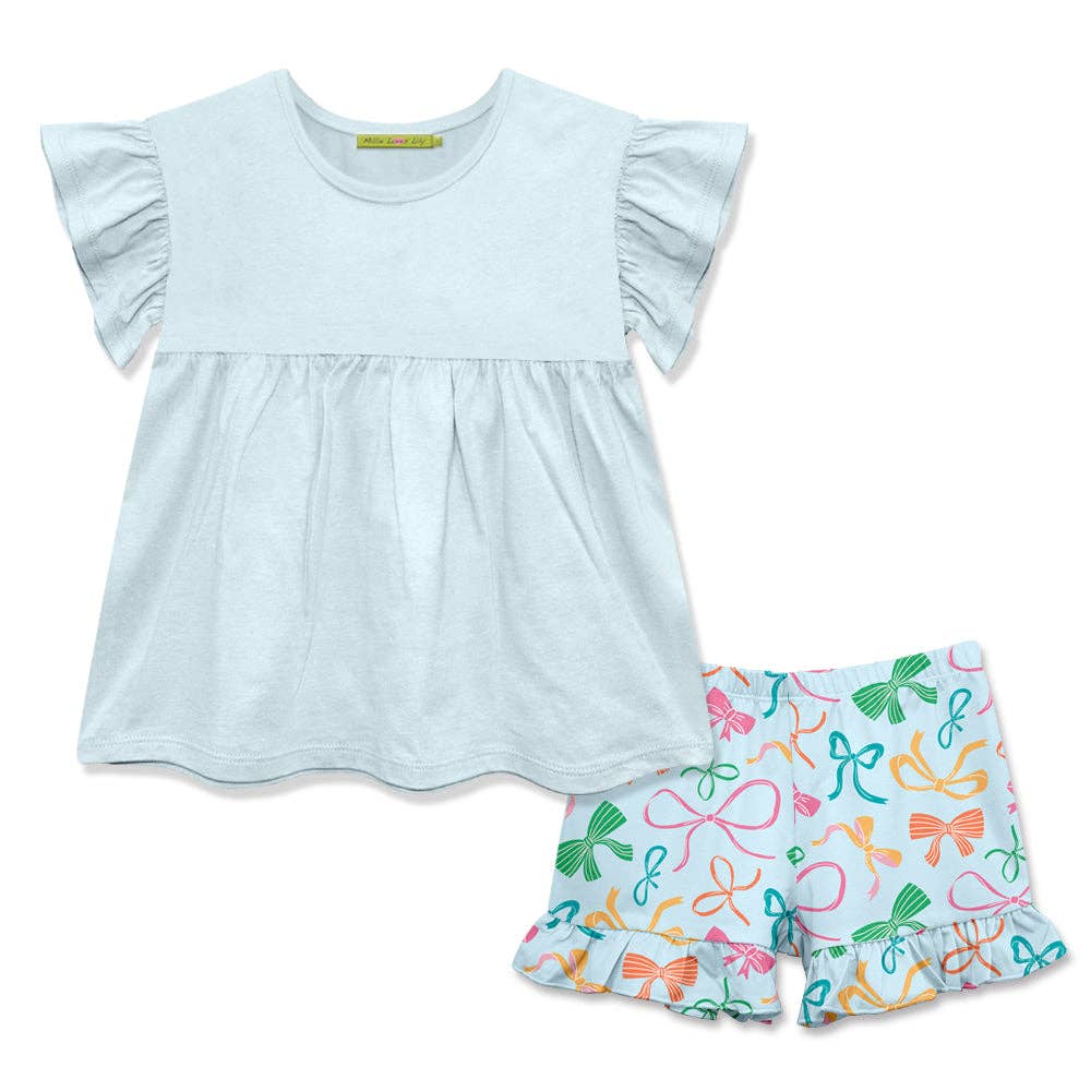 Ice blue ruffle-sleeve top with gathered waist and white ruffle shorts with colorful bows, sizes 2T-6X.