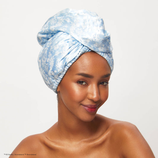 Kitsch x Bridgerton Satin Wrapped Hair Towel in Toile De Blue, patterned light blue, available in one size.