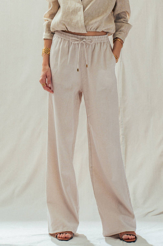 Mint Jelly Linen Blend Wide Leg Drawstring Pants shown; available in sizes XS–XL.