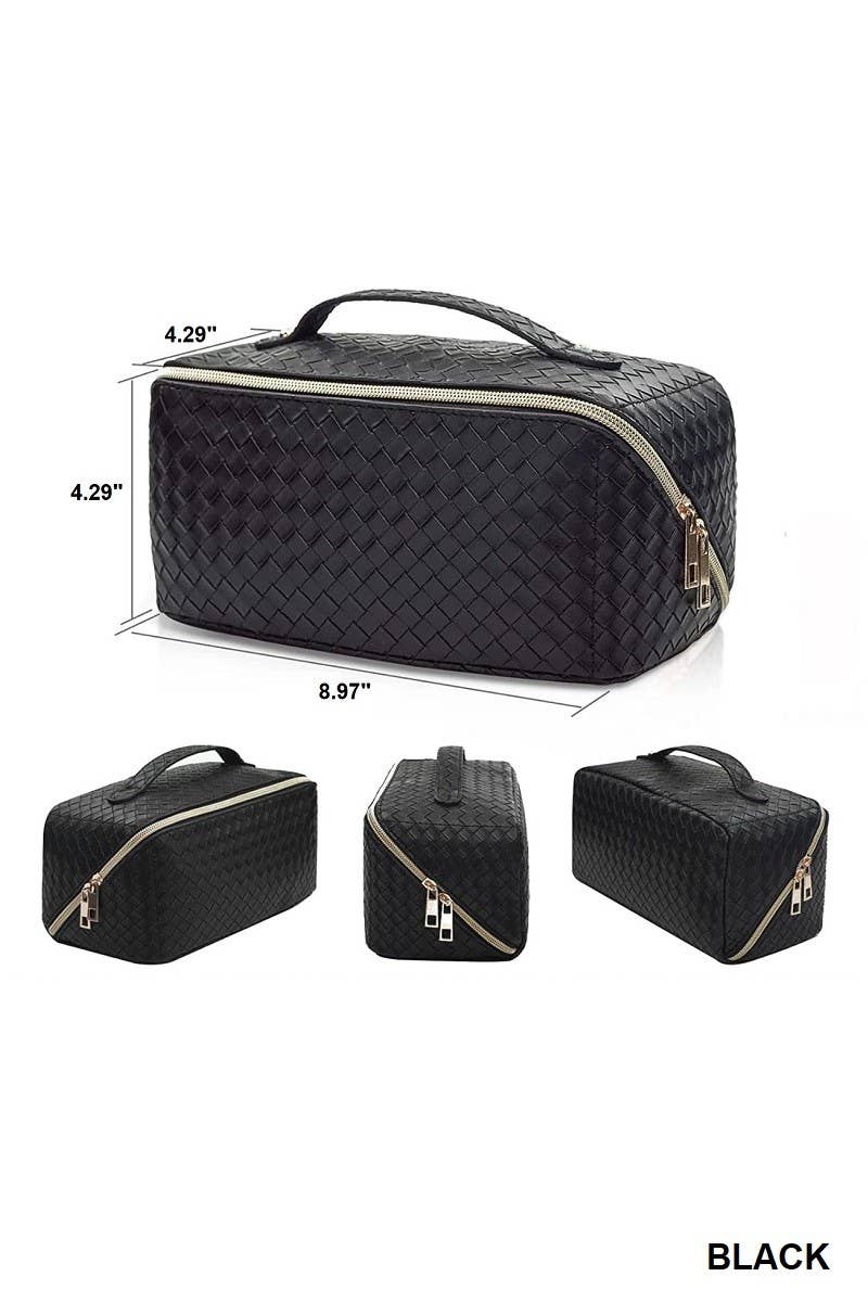 Pink woven vegan leather makeup bag with handle and zipper, 8.97"x4.29"x4.29"; shown in three angled views plus measurements.