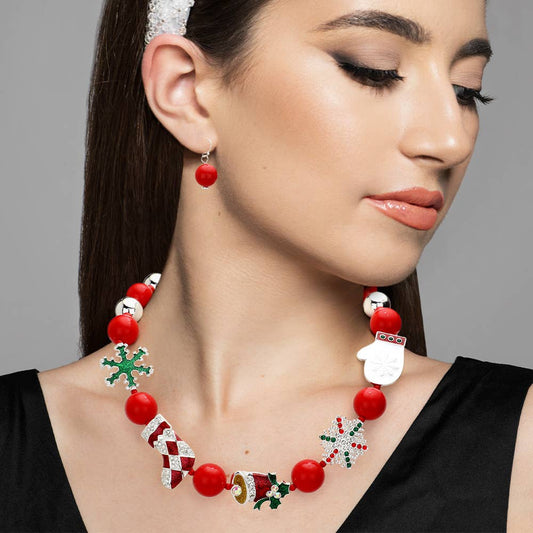Snowflake Christmas Socks Jingle Bell Glove Beaded Necklace: MULTI