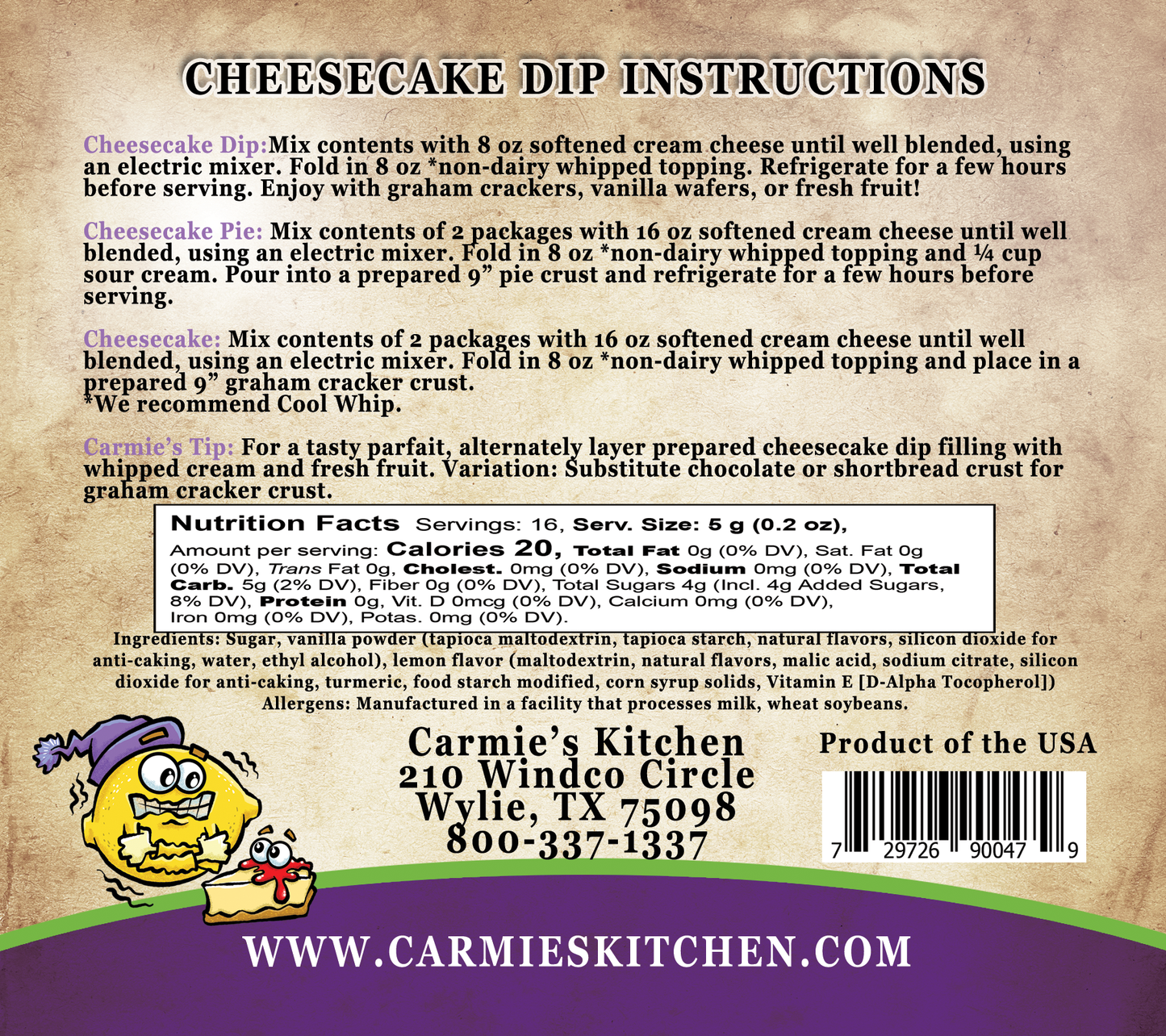 Back of Lemon Ice Box Cheesecake Dip mix package, includes instructions, nutrition facts. Size: one standard dip mix packet.