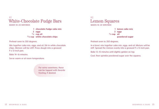 Recipe page with White-Chocolate Fudge Bars recipe; includes ingredients and instructions. Sizes: single pan, 9x13-inch or 8x8-inch.