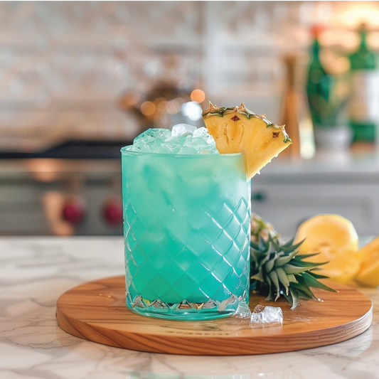 Bright blue cocktail with Sugar Free Mermaid™ Syrup and ice in a textured glass, pineapple garnish. Available in multiple sizes.