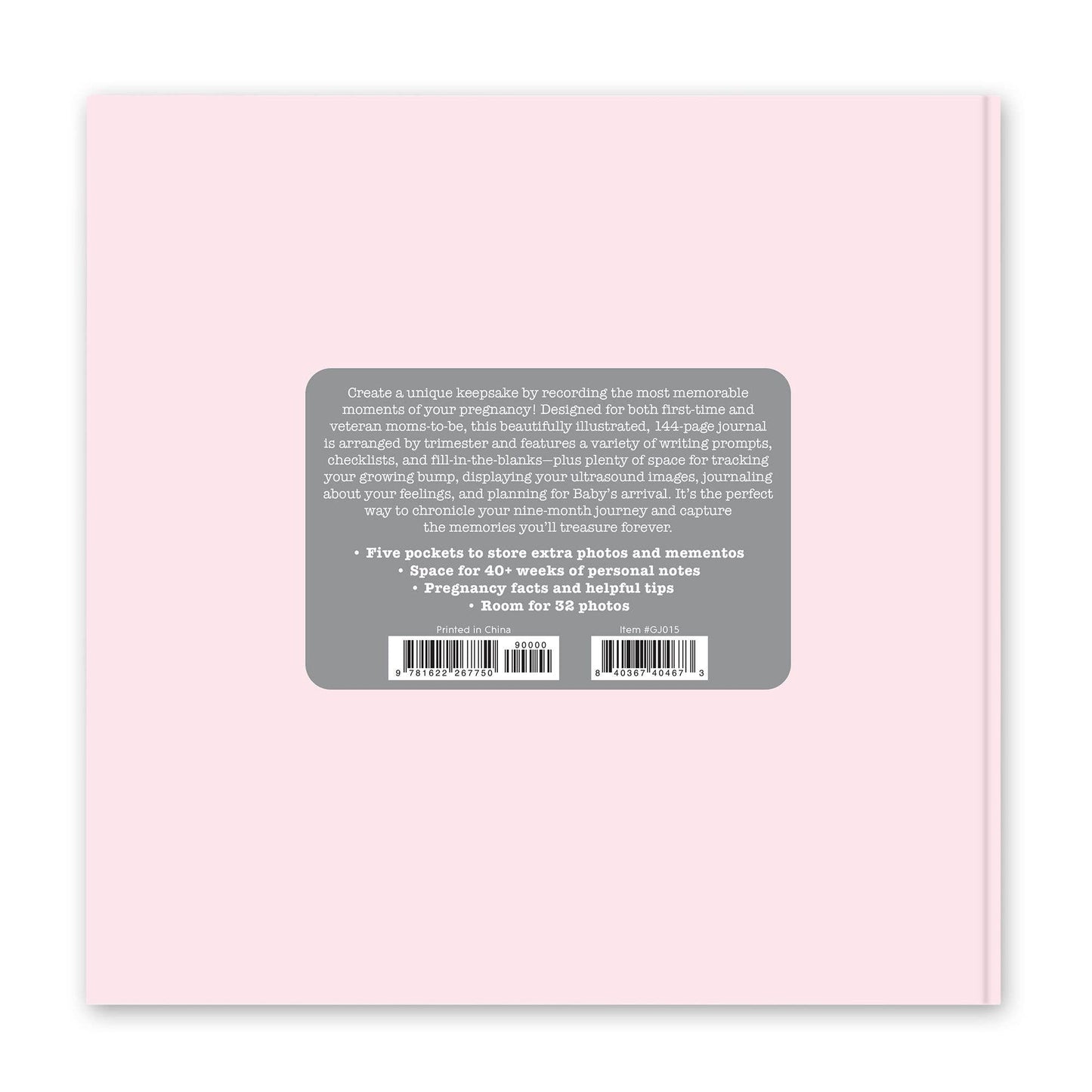 Back cover shows a gray box with white text describing note space, photo pockets, and room for 32 photos. Sizes not shown.