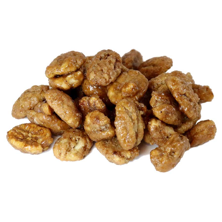 Salted Caramel Pecans, 3oz, American pecans coated in a glossy, caramelized sugary layer.