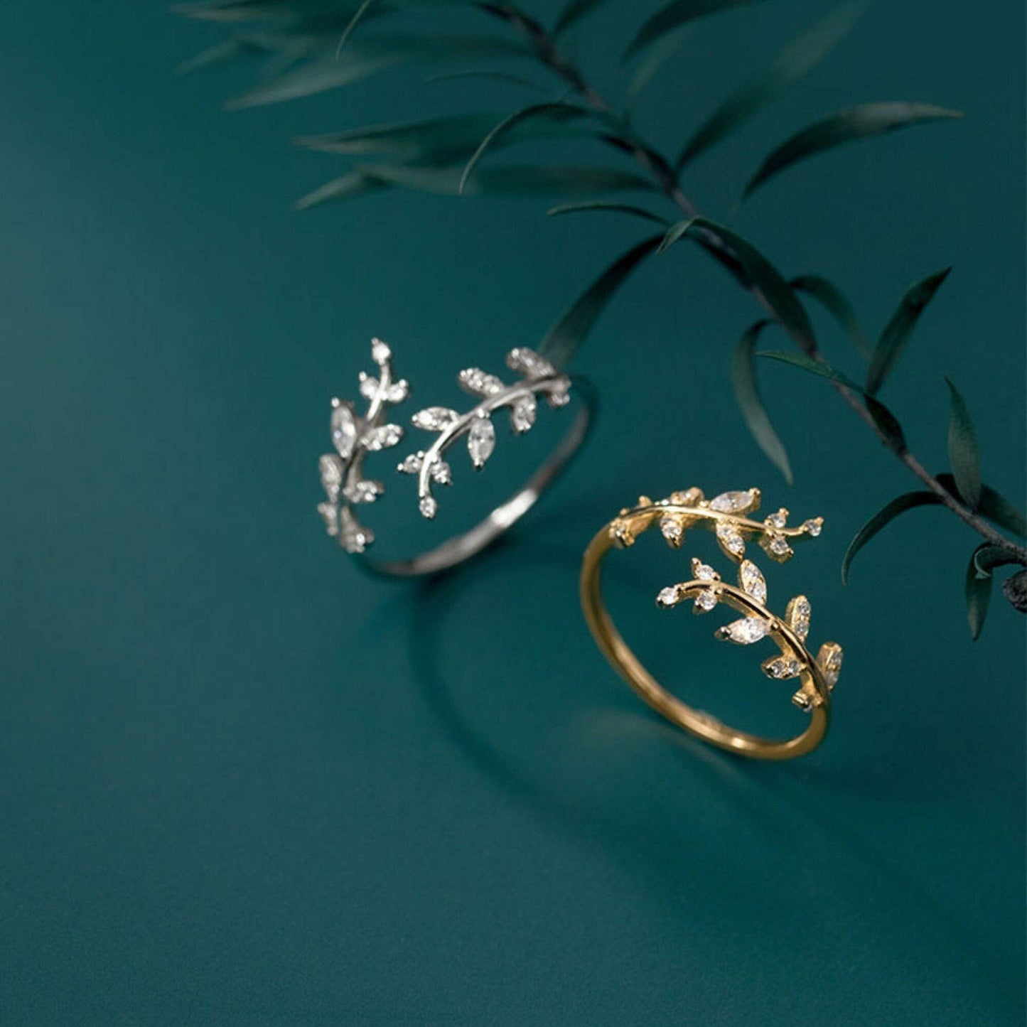 Gold Olive Tree Leaf Branch Band Ring in 925 Sterling Silver, gold or silver finish, delicate leaf motif; available in multiple sizes.