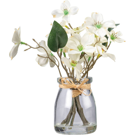 White artificial dogwood blooms with green leaves in a small glass vase, raffia ribbon bow; available in small and medium sizes.