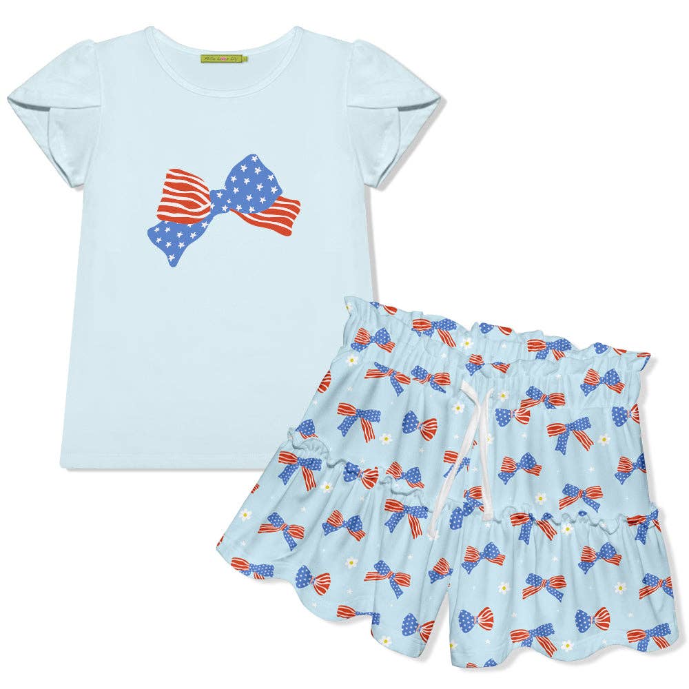 Light blue tulip-sleeve top with Americana bow and split skirt with stars-and-stripes bows. Available in sizes 2T-10.