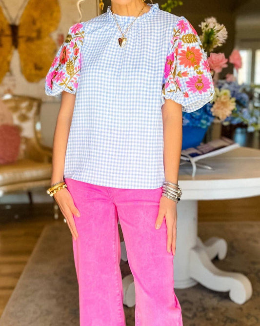 Light Blue Gingham Floral Embroidered Puff Sleeve Blouse, available in sizes XS-XL.