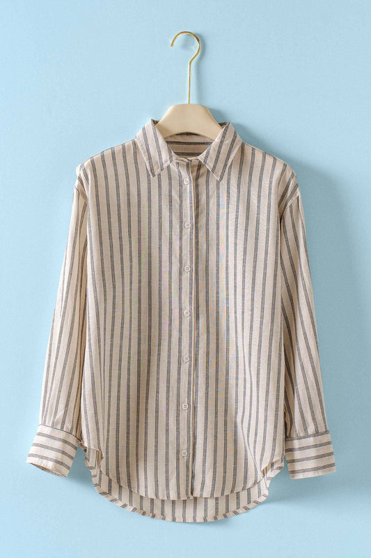 Mocha Striped Linen Blend Button Up Shirt with relaxed fit, long sleeves, beige and blue stripes. Sizes: S-XL.
