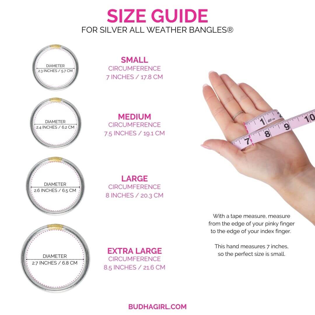 Size guide for Silver All Weather Bangles® Set of 6; diameters and circumferences for S, M, L, XL clearly shown.