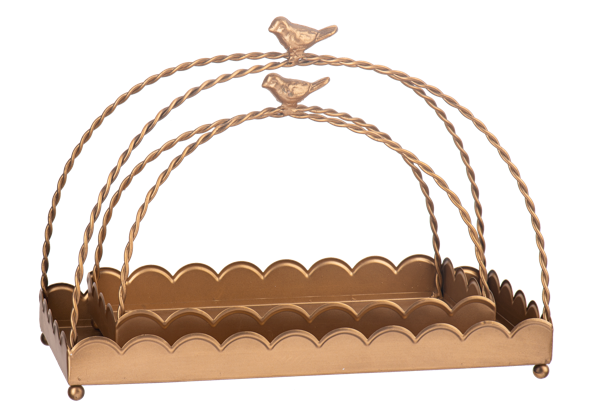 Antique Gold Scallop Tray with bird handle, scalloped edges, twisted handles. Available in small and large sizes.