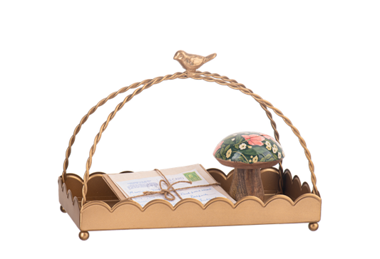 Antique Gold Scallop Tray with Bird Handle; twisted arch, decorative bird. Available in small and large sizes.