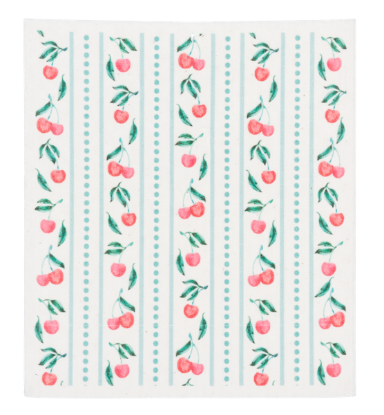 Cherry Reusable Dish Cloth with red cherries, green leaves, teal dotted stripes; eco-friendly. Sizes: small, medium, large.