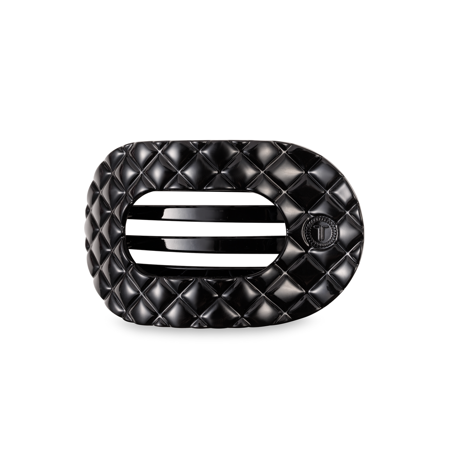 Black oval TELETIES Flat Round Hair Clip with quilted pattern, vent, "T" emblem; available in small, medium, large.