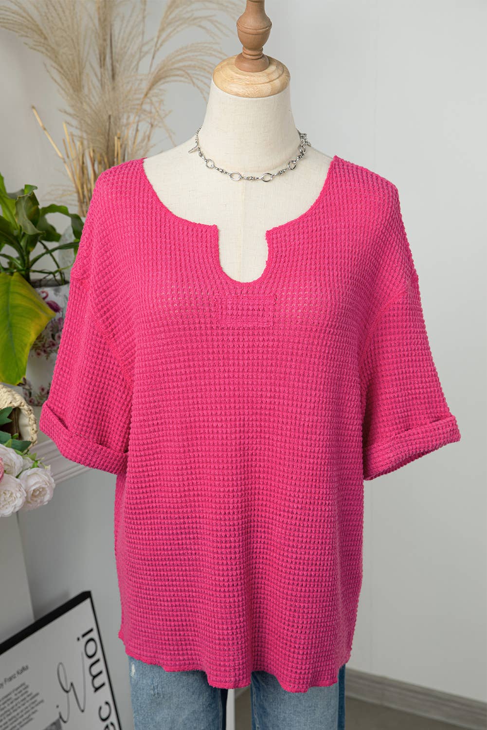 Women Textured Knit Split Neck Short Sleeve Top