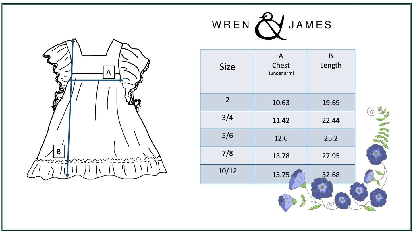 Girls Pastel Rainbow Stripe Ruffles & Lace Spring Dress size chart, chest and length for sizes 2 to 10/12; dress diagram included.