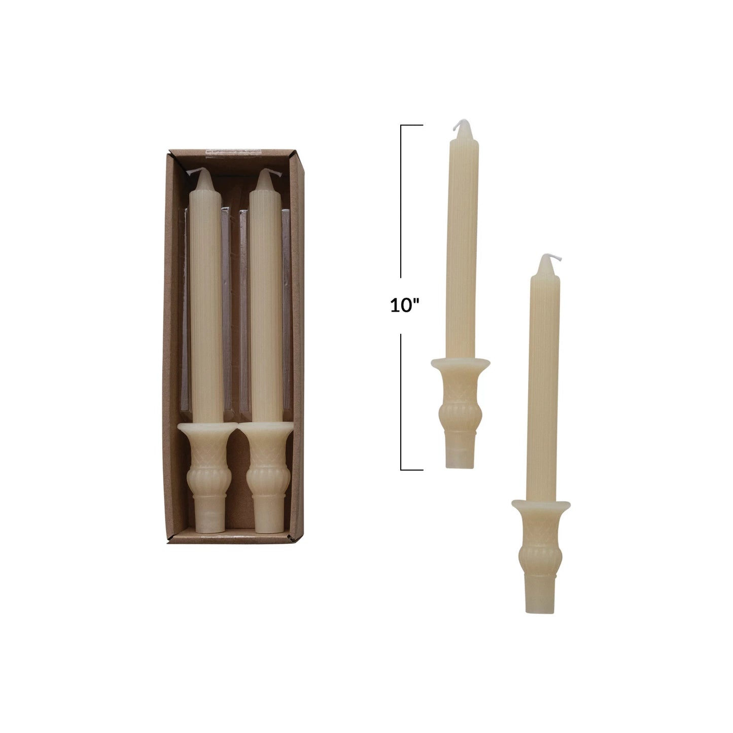 set of two candles in box and set of 2 candles out of box with dimensions 10"H