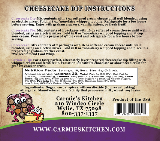Chocolate Lovers Cheesecake Dip instructions with nutrition facts, allergen info, and Carmie’s Kitchen contact. Size not specified.