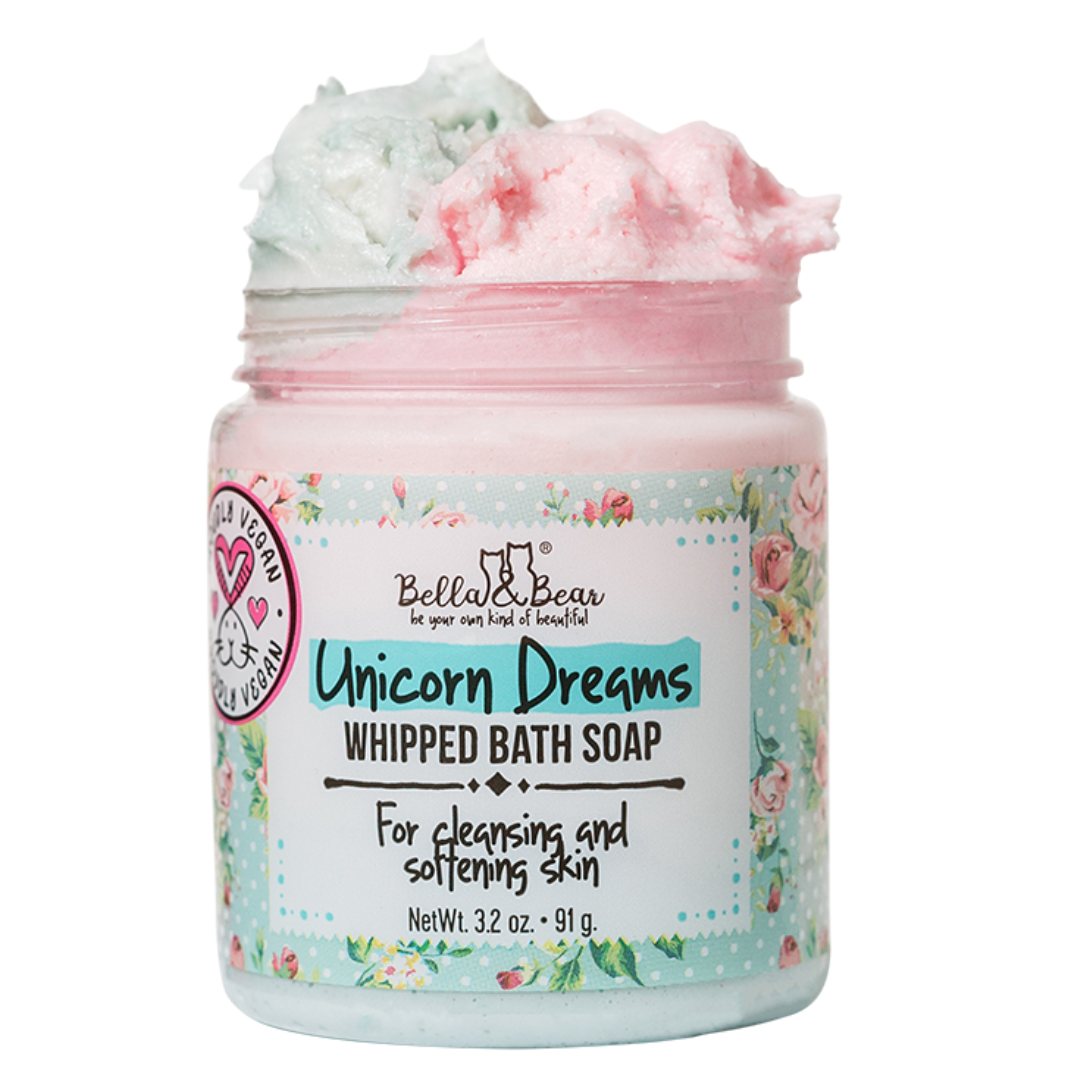 3.2oz Unicorn Dreams Whipped Bath Soap | Shave Cream mini, pink & blue swirls, vegan, floral jar.
