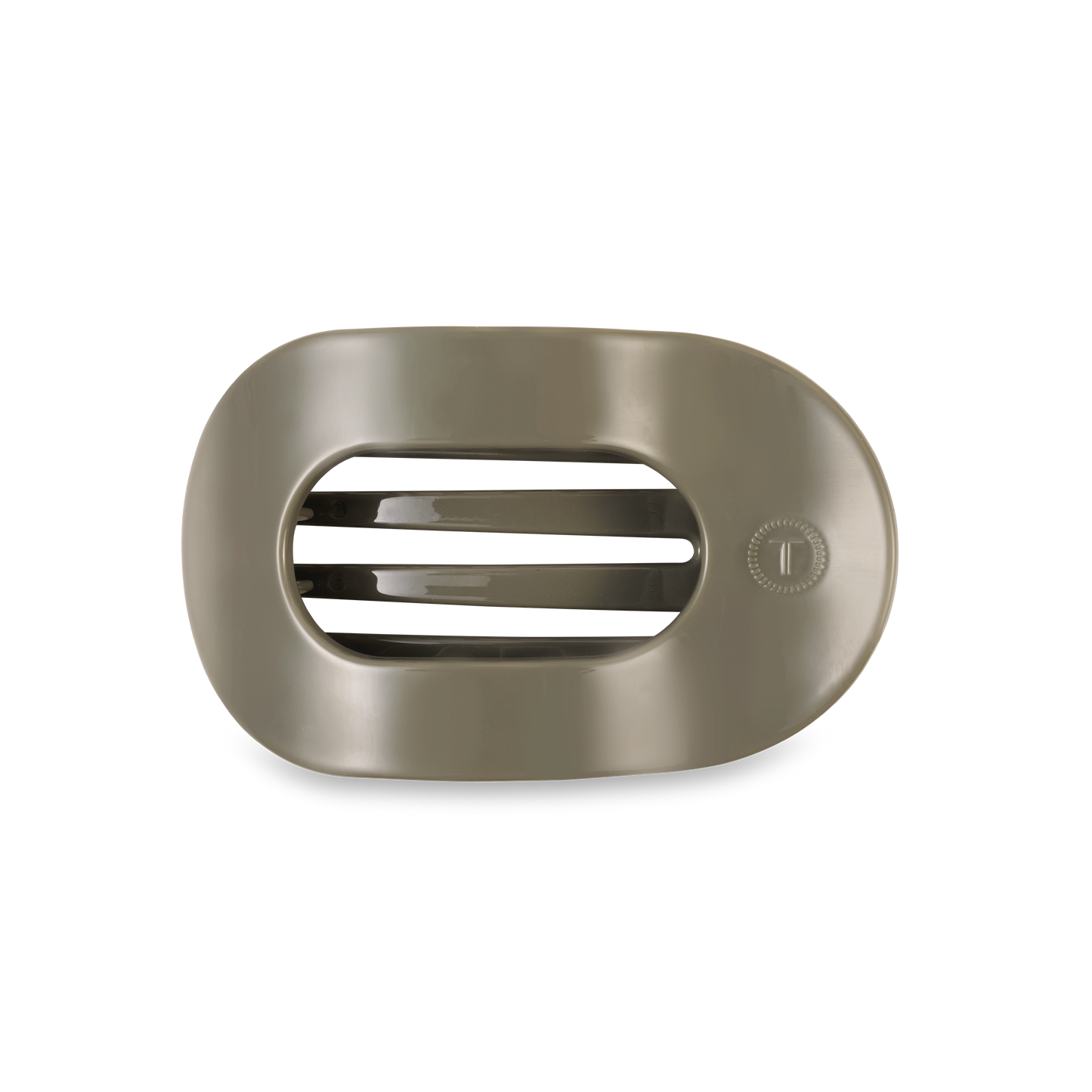 Oval taupe soap dish with three horizontal drainage slats and a small right-side circle. Available in multiple sizes.