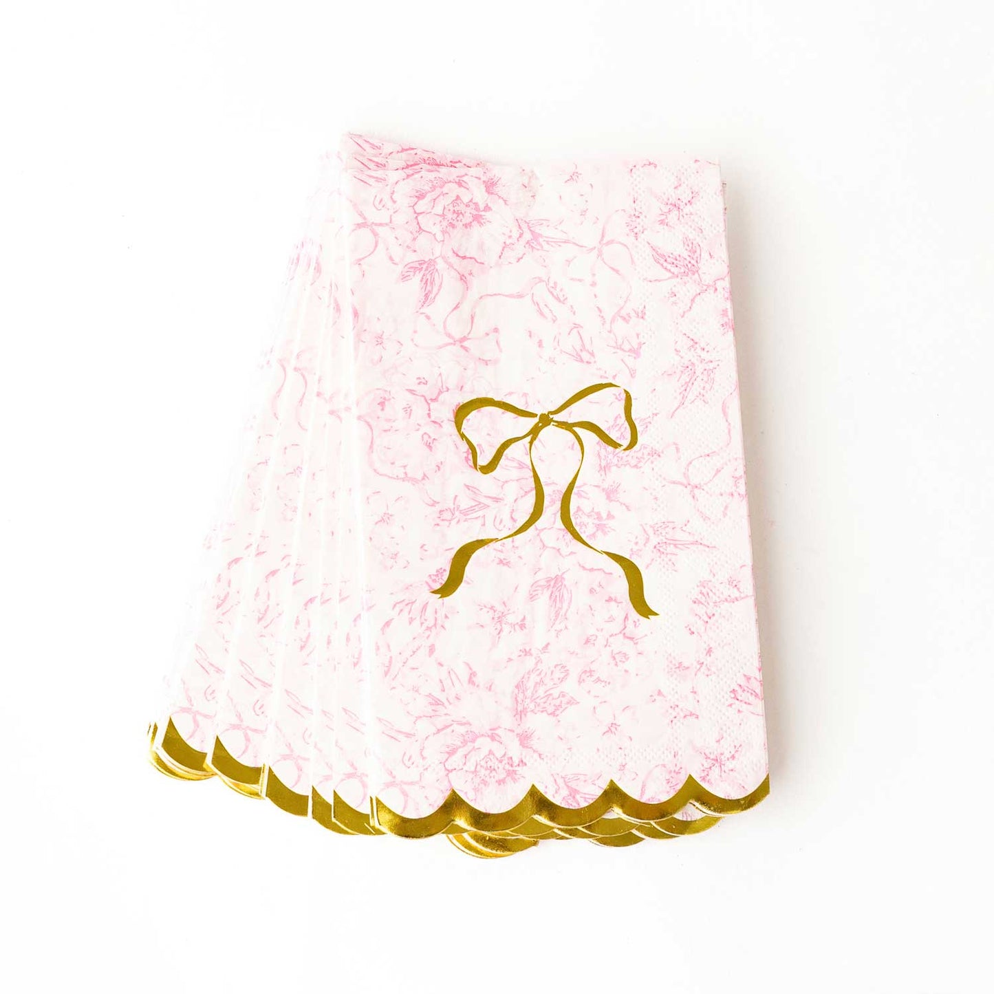 Pink Bow Toile Paper Guest Towel Packs with pink florals, gold bow center, foil scalloped edges. Sizes: standard guest towel.