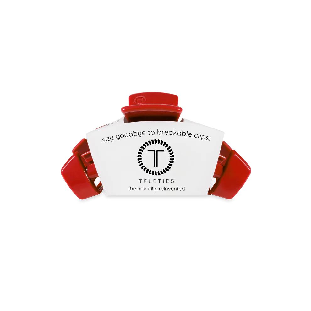 Classic Red Carpet Ready Tiny Claw Clip—durable red hair accessory, labeled “say goodbye to breakable clips!” Available in tiny size.