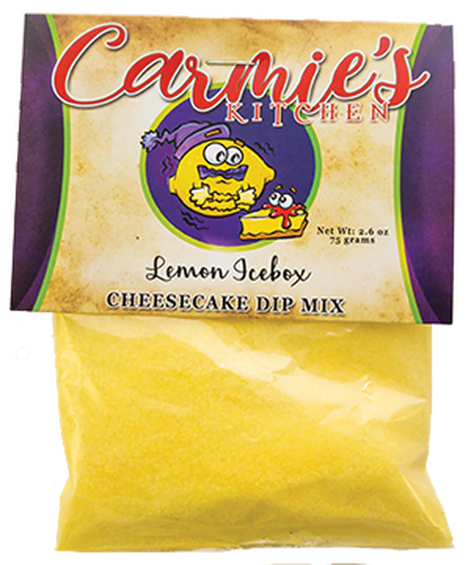 Lemon Ice Box Cheesecake Dip: yellow mix in a package with lemon and cheesecake art; available in 8oz and 16oz sizes.