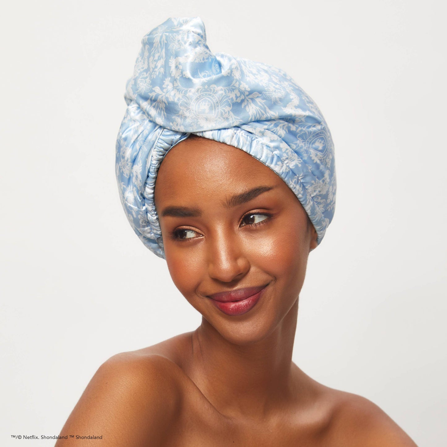 Kitsch x Bridgerton Satin Wrapped Hair Towel in Toile De Blue, available in standard and XL sizes.