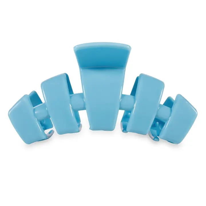 Light blue TELETIES Classic Claw Hair Clip with five curved prongs and rectangular center; available in multiple sizes.