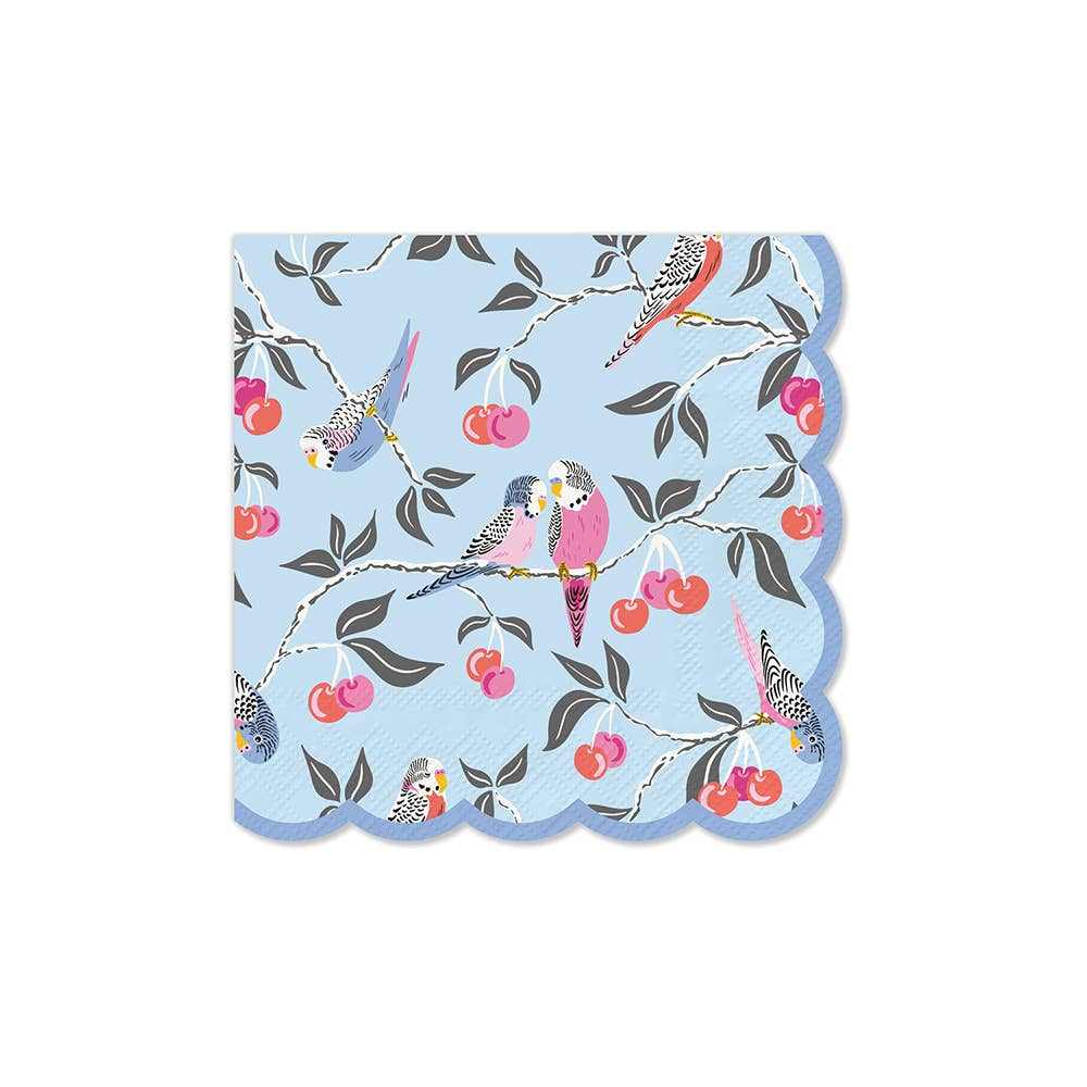 Birds in the Cherry Tree Scalloped Beverage Napkins; light blue edges, budgerigars, cherries. Available in 5"x5".