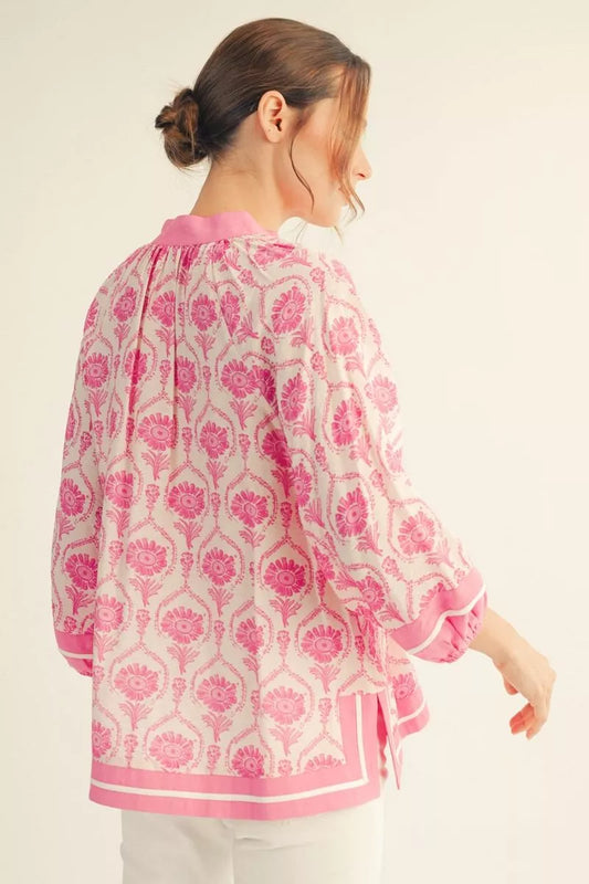 Pink Puff Sleeve Boho Print Top with puff sleeves and boho pattern. Available in sizes XS-XL.