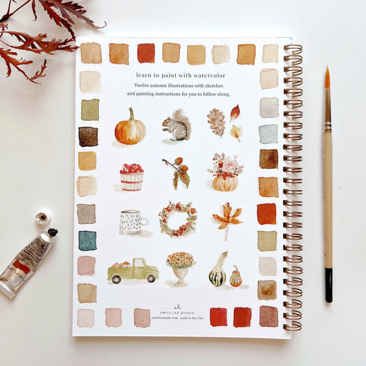 The Autumn Watercolor Workbook: beginner guide, fall illustrations, watercolor pages. Sizes available: standard workbook size.