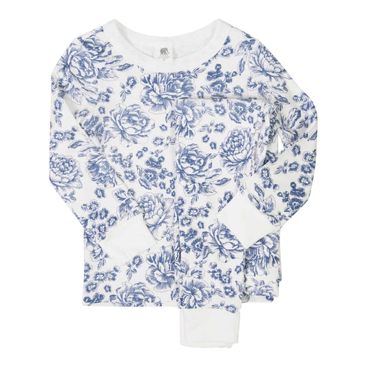 White long-sleeve pajama with blue toile floral print, solid white cuffs and neckline. Available in size 2T.