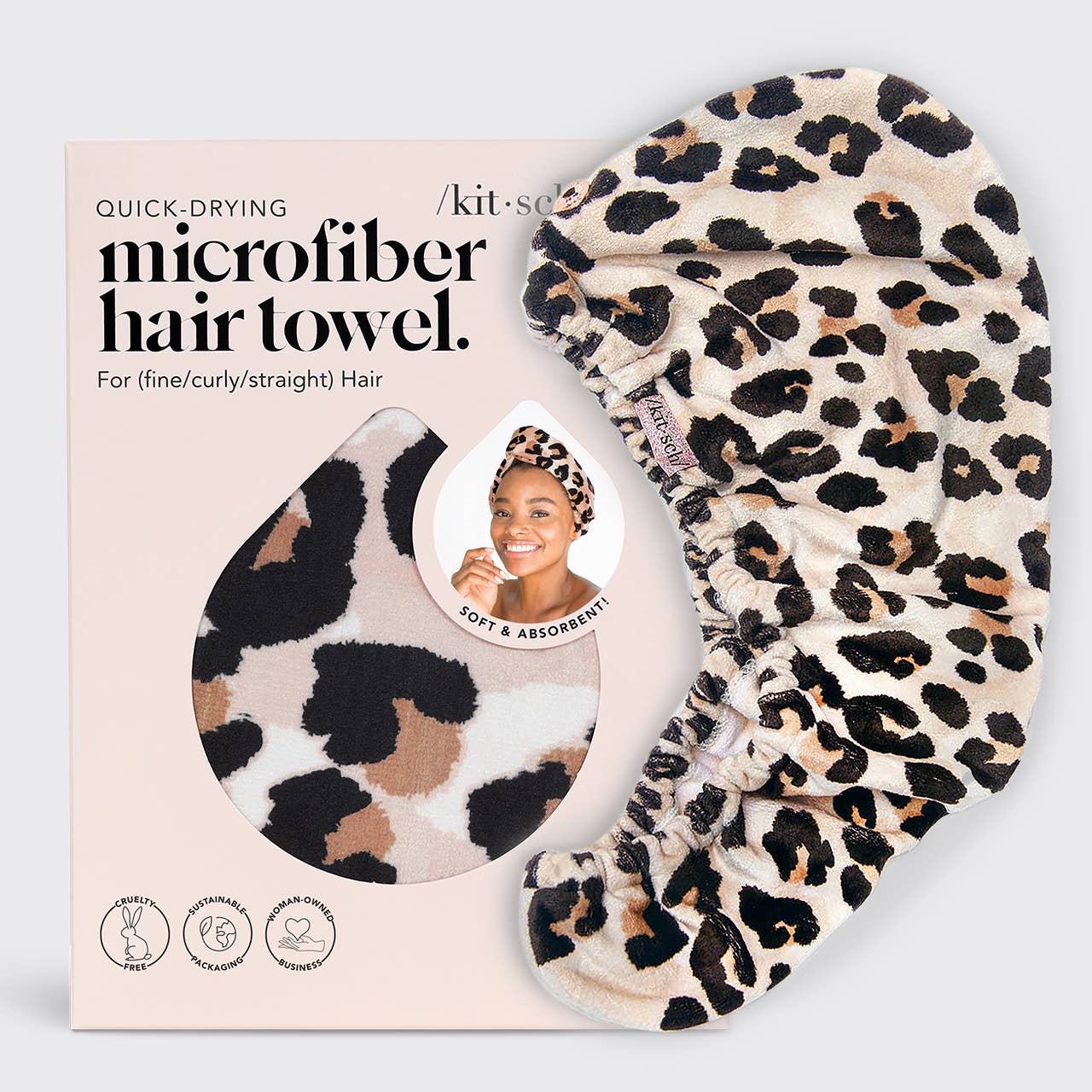 Quick Dry Hair Towel - Leopard print beside its box; packaging shows pattern cutout. Absorbent, reduces frizz. Sizes: S/M/L.