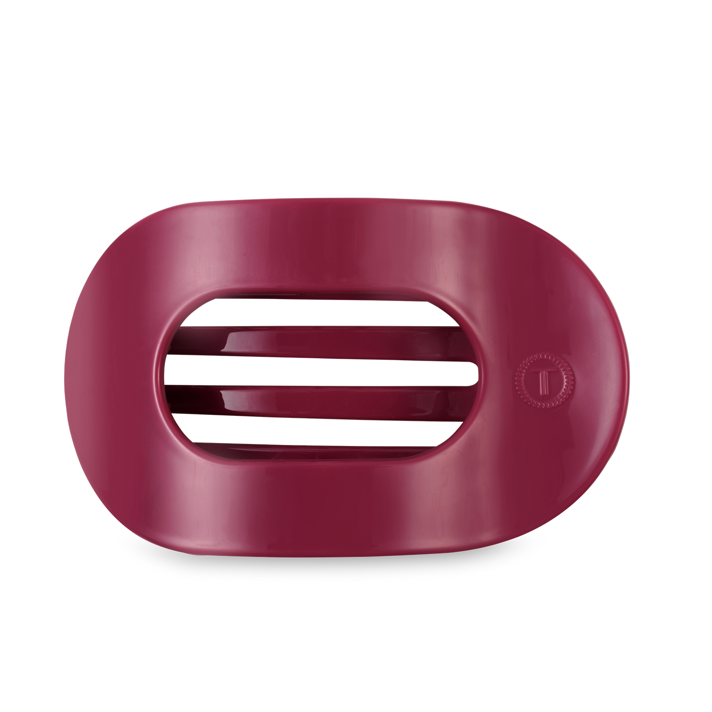Maroon plastic oval TELETIES Flat Round Hair Clip with two horizontal center slits. Available in small, medium, and large sizes.