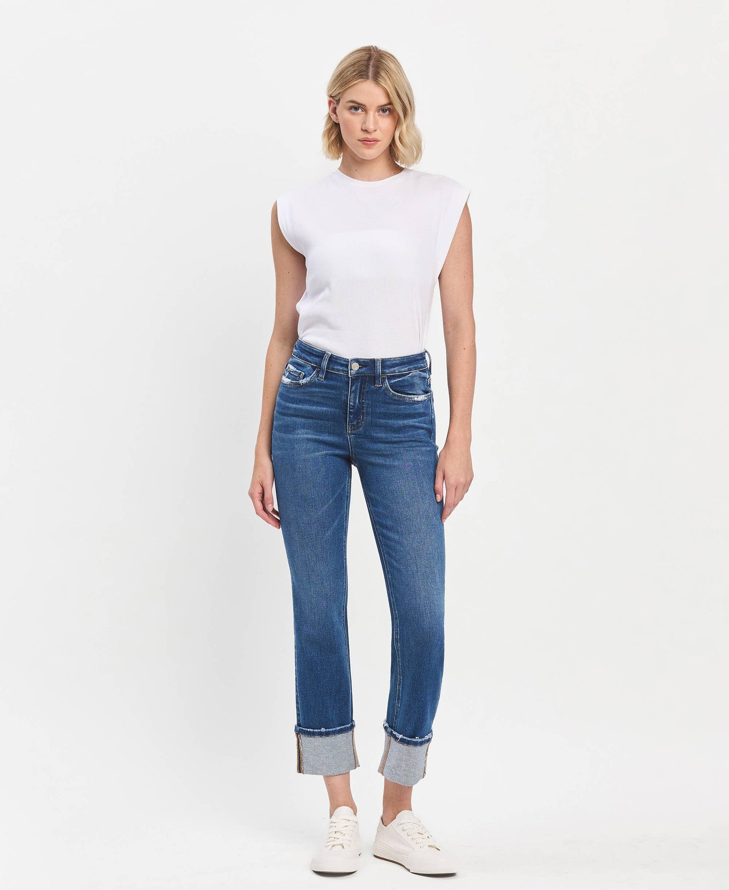 High Rise Cuffed Slim Straight Blue Jeans shown; available in sizes 24–32.