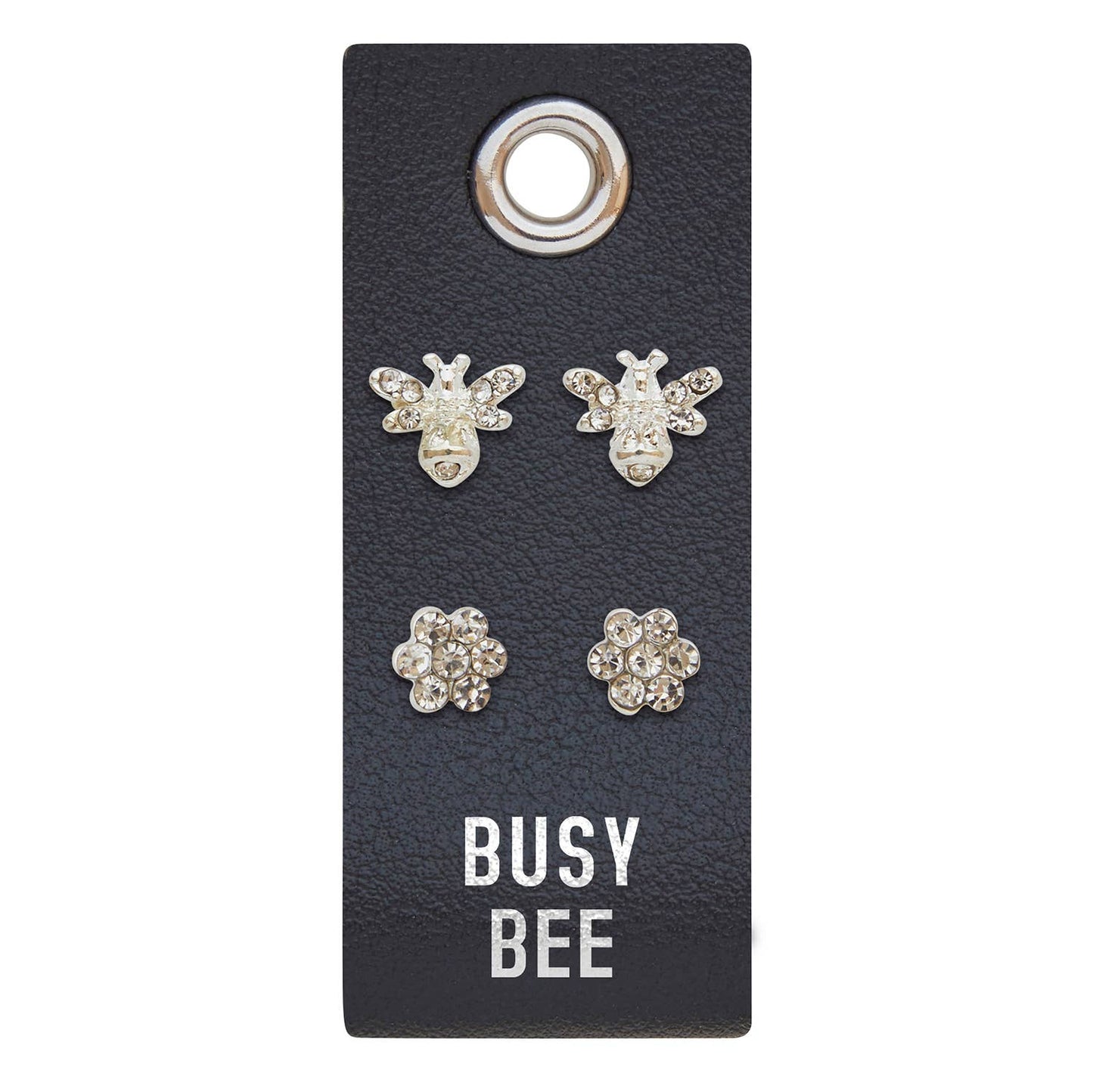 Silver Stud Earrings - Busy Bee: two pairs of rhinestone studs, bee and flower designs. Sizes available: small, medium.