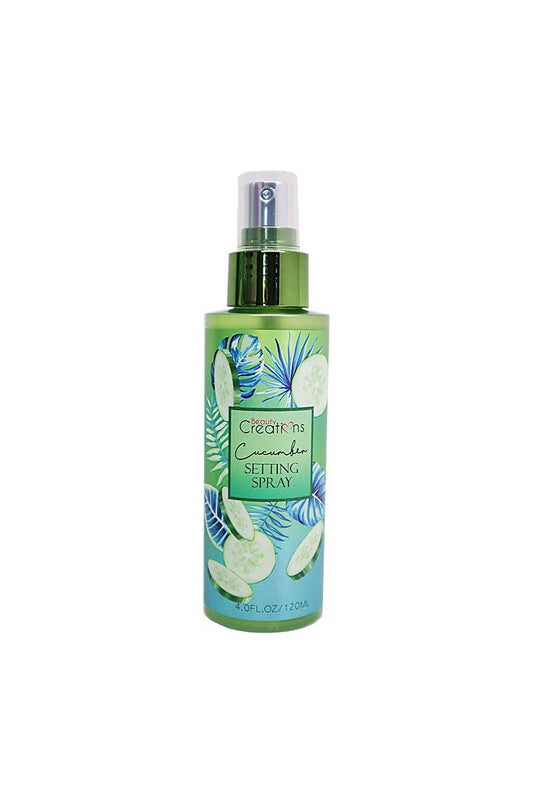 Beauty Creations SPN03 Cucumber Setting Spray in green, with cucumber graphics, clear cap, silver nozzle; available in 3.38 fl oz.