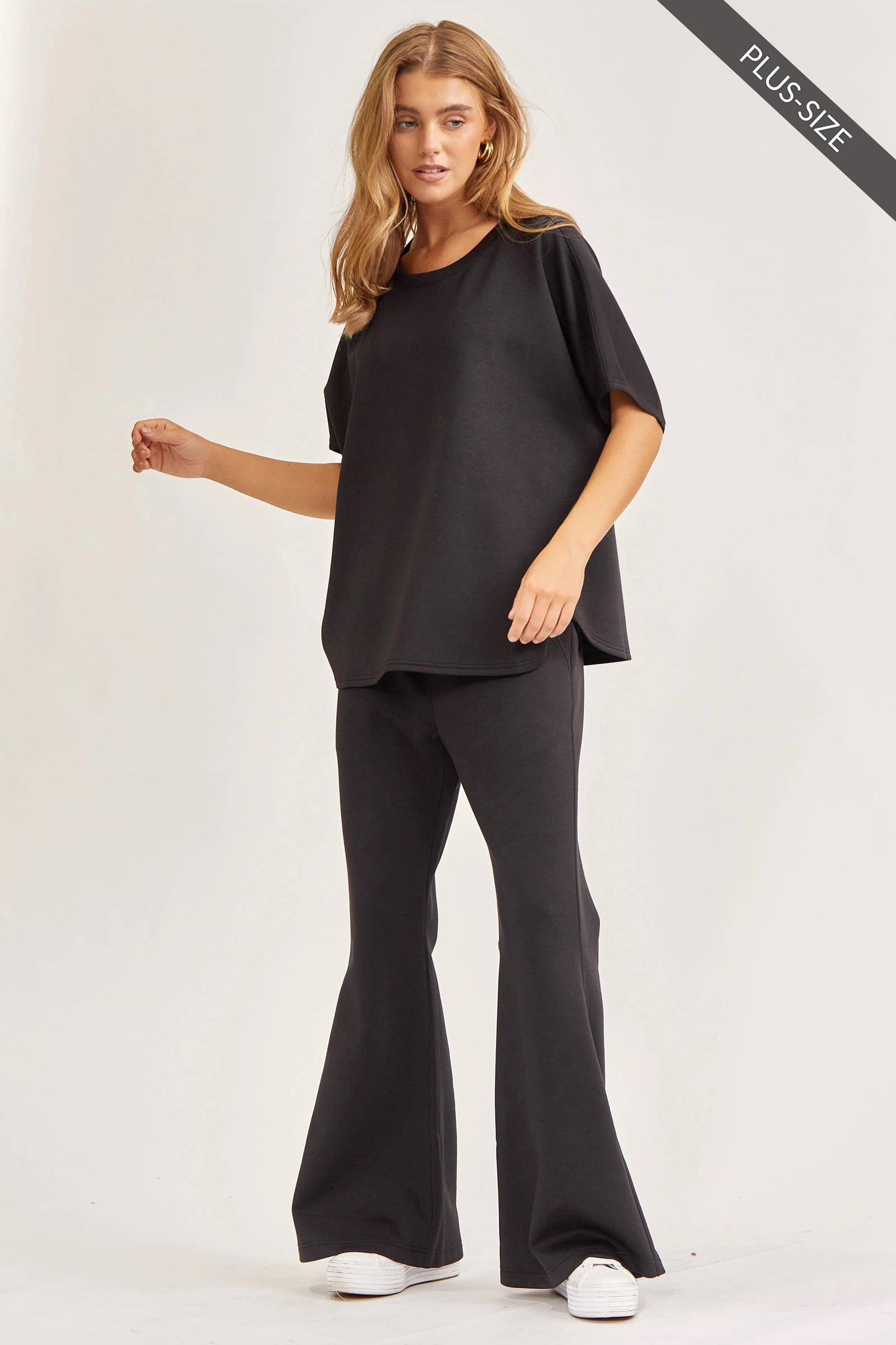 Black Poncho Top + Bell Bottom Modal Set: loose, lightweight black top and flared pants. Available in sizes XS-4X.