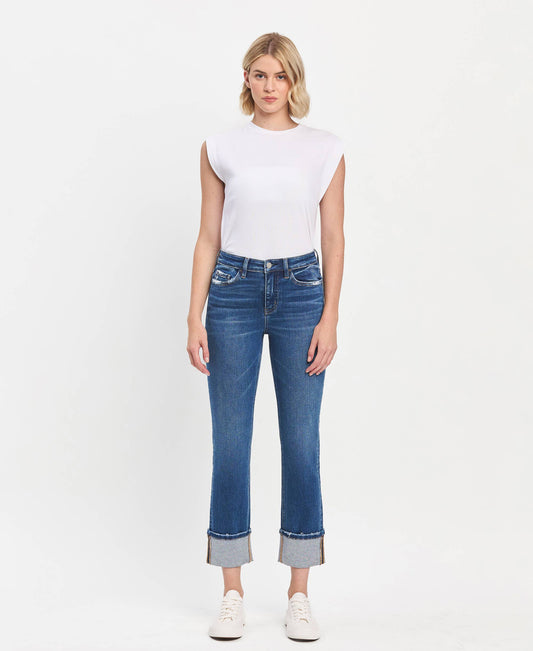 High Rise Cuffed Slim Straight Blue Jeans, available in sizes 24-32. Medium blue wash with cuffed hems.