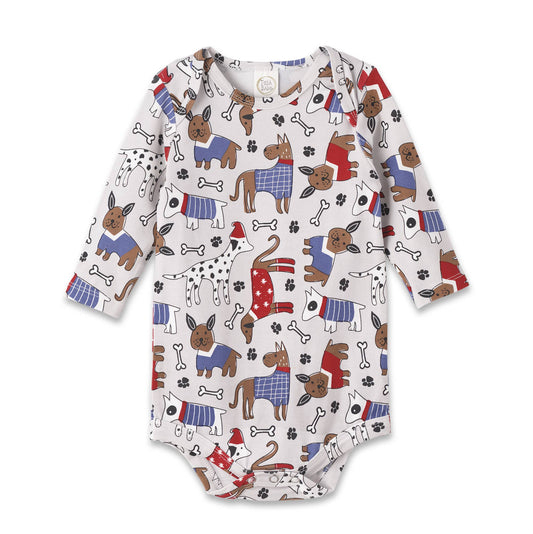 Set of 2 long-sleeve baby boy bodysuits in soft bamboo cotton with cartoon dog prints. Available sizes: NB-24M.