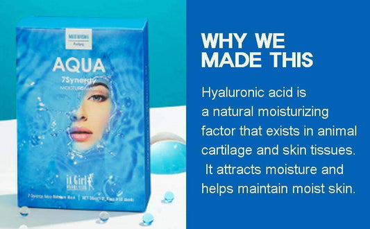 The Aqua 7 Synergy Impact Mask is a Korean-made skincare product packed in a blue box. It contains hyaluronic acid, contributing to skin moisture.