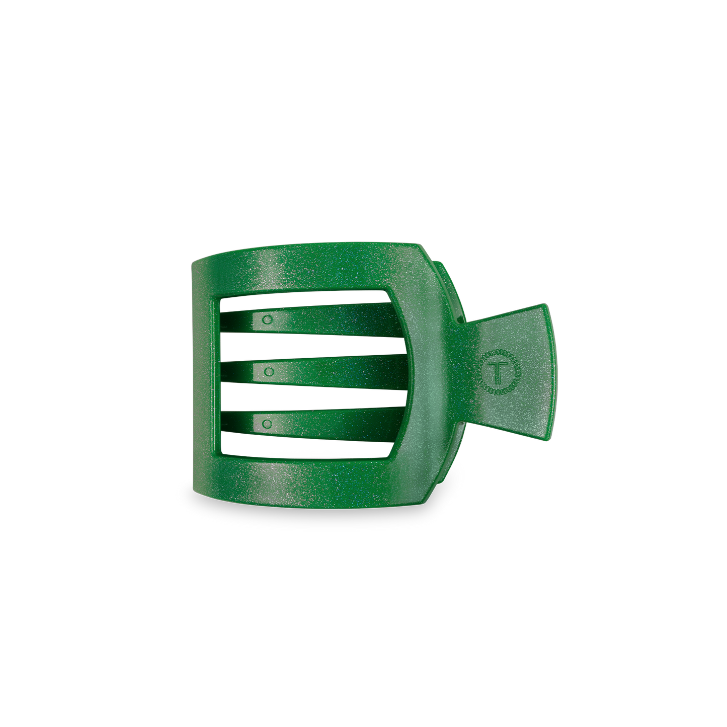 Green plastic TELETIES Square Flat Hair Clip with three horizontal blades and a strong-grip handle. Available sizes: Small, Medium, Large.