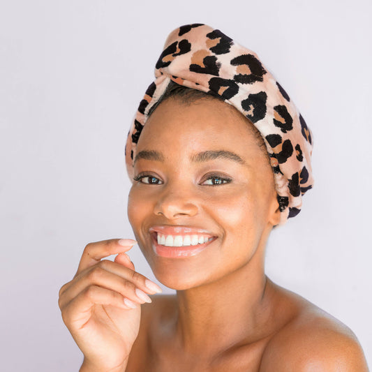 Quick Dry Hair Towel - Leopard print, wrap-style, available in sizes S/M and L/XL.